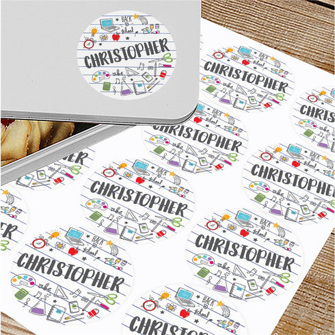 Personalized School Doodles on Notebook Paper Circle Labels - Sunny Jar Personalized™