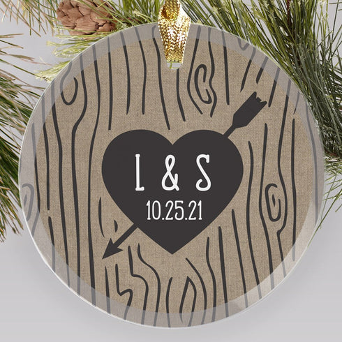 Engraved Initials Heart Carved Tree Colored Round Glass Ornament - Sunny Jar Personalized™