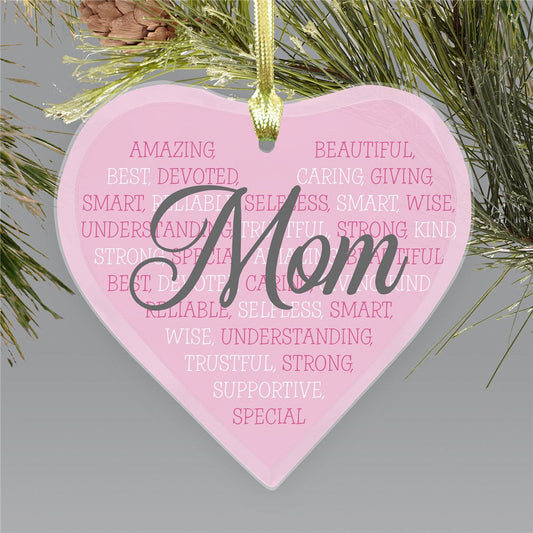 Personalized Mom Word Art Heart Heart Shaped Glass Ornament - Sunny Jar Personalized™