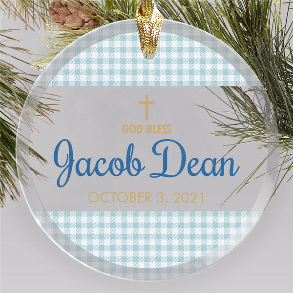 Personalized Gingham Baptism Glass Round Ornament - Sunny Jar Personalized™