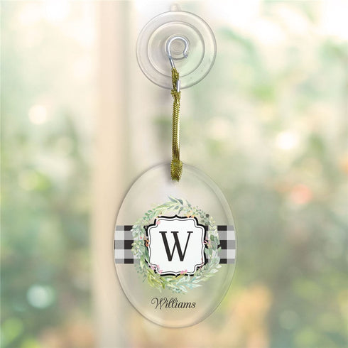 Personalized Wreath with Plaid Oval Glass Ornament - Sunny Jar Personalized™