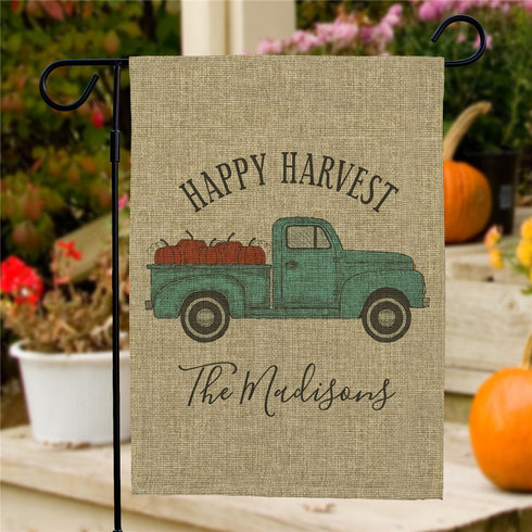 Personalized Happy Harvest Truck Burlap Garden Flag - Sunny Jar Personalized™