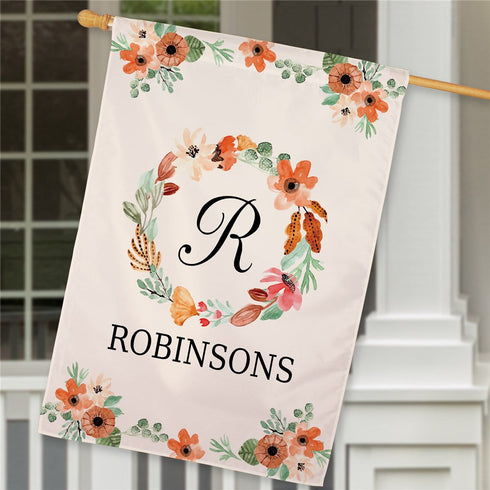 Personalized Watercolor Floral Wreath House Flag - Sunny Jar Personalized™