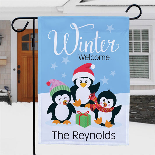 Personalized Winter Welcome With Penguins Garden Flag - Sunny Jar Personalized™