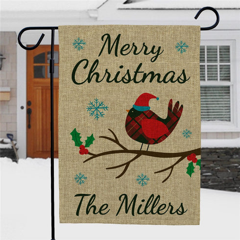 Personalized Cardinal With Christmas Hat Burlap Garden Flag - Sunny Jar Personalized™