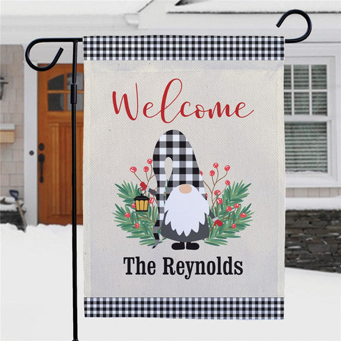 Personalized Welcome Gingham Gnome Garden Flag - Sunny Jar Personalized™