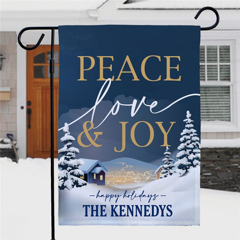 Personalized Peace Love and Joy with Winter Town Garden Flag - Sunny Jar Personalized™