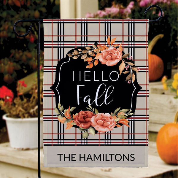 Personalized Hello Fall with Tan, Burgundy and Black Plaid Garden Flag - Sunny Jar Personalized™