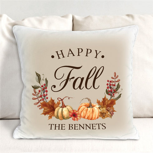 Personalized Happy Fall With Leaves and Pumpkins Throw Pillow - Sunny Jar Personalized™