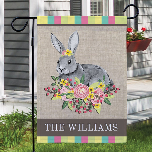 Personalized Faux Burlap Easter Bunny Floral Garden Flag - Sunny Jar Personalized™