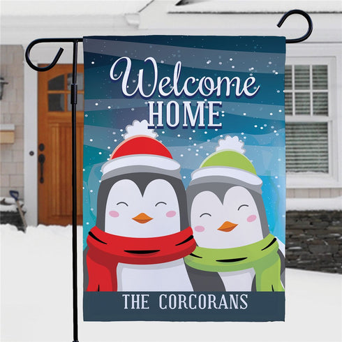 Personalized Welcome Home Christmas Penguins Garden Flag - Sunny Jar Personalized™