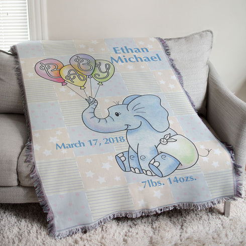 Personalized Baby Boy Elephant Tapestry Throw - Sunny Jar Personalized™