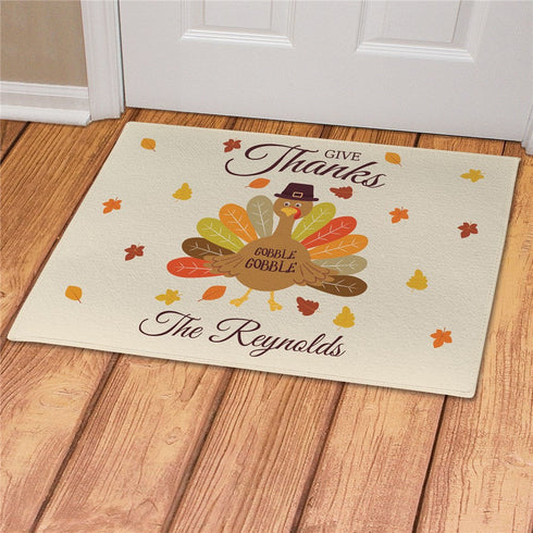 Personalized Give Thanks Turkey With Hat Doormat - Sunny Jar Personalized™