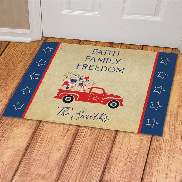 Personalized Patriotic Faith Family Freedom Truck Doormat - Sunny Jar Personalized™