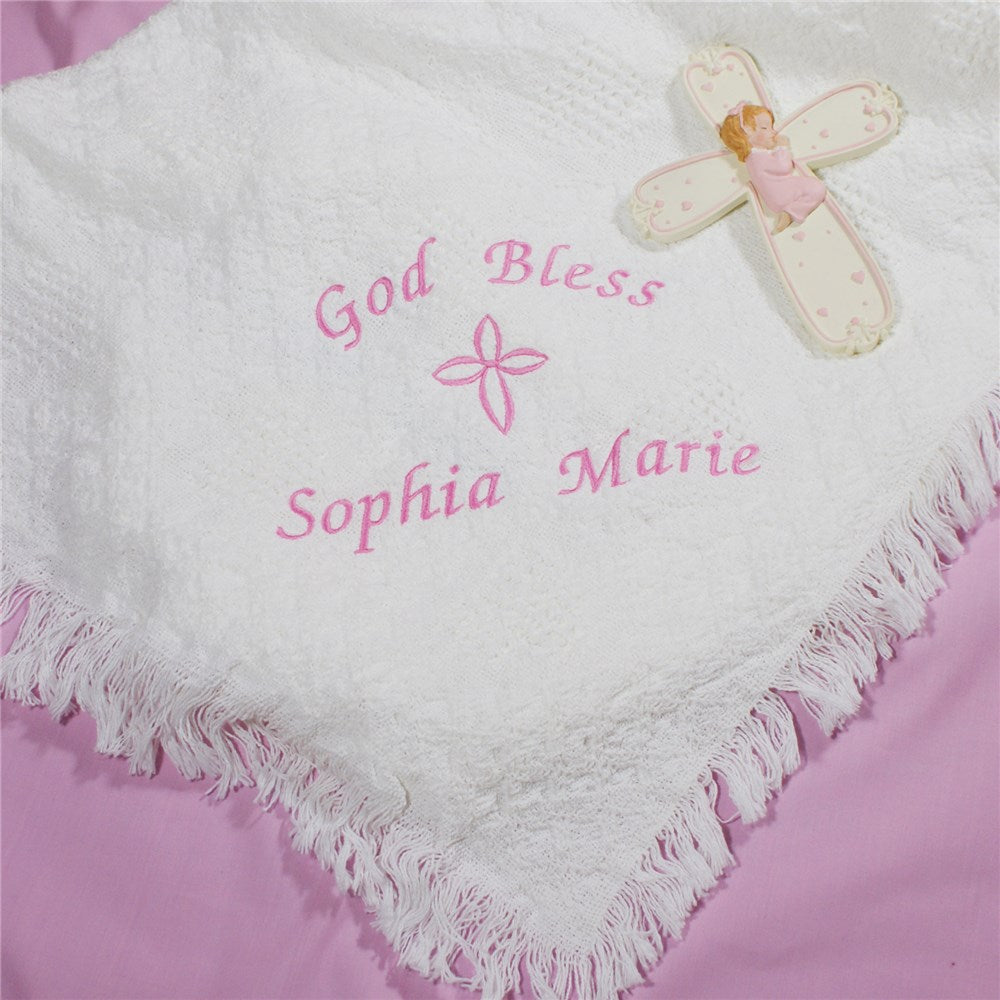 Embroidered God Bless Baby Girl Afghan - Sunny Jar Personalized™