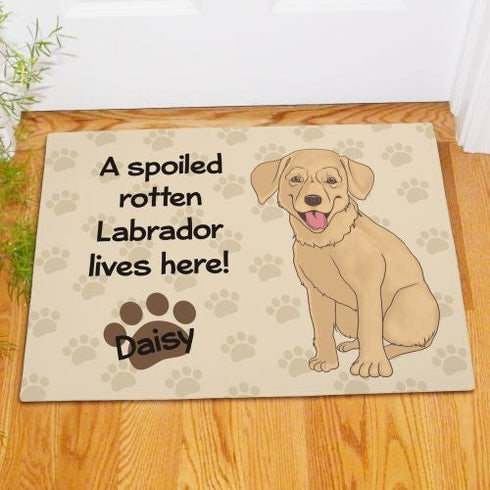 Personalized Yellow Lab Spoiled Here Doormat - Sunny Jar Personalized™