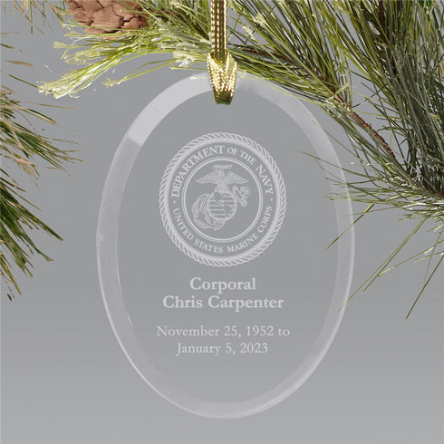 U.S. Marines Memorial Engraved Ornament | Oval Glass - Sunny Jar Personalized™