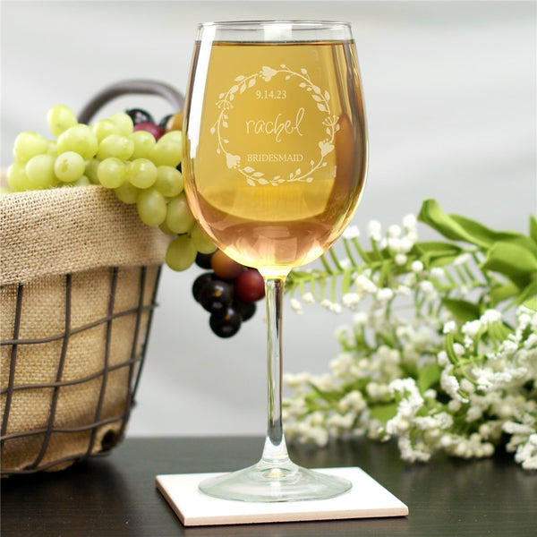 Engraved Floral Wreath Wedding Party White Wine Glass - Sunny Jar Personalized™