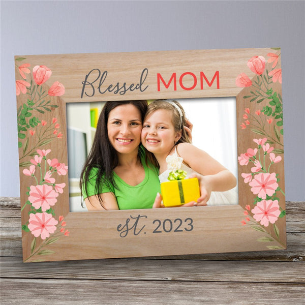 Personalized Floral Blessed MOM Wooden Picture Frame - Sunny Jar Personalized™