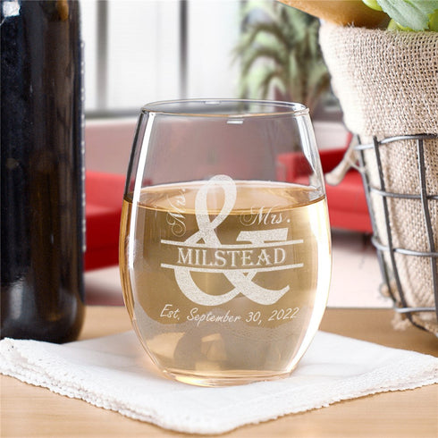 Engraved Mr. and Mrs. Stemless Wine Glass - Sunny Jar Personalized™