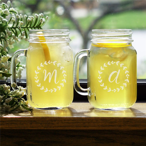 Engraved Wreath Initial Mason Jar Set - Sunny Jar Personalized™