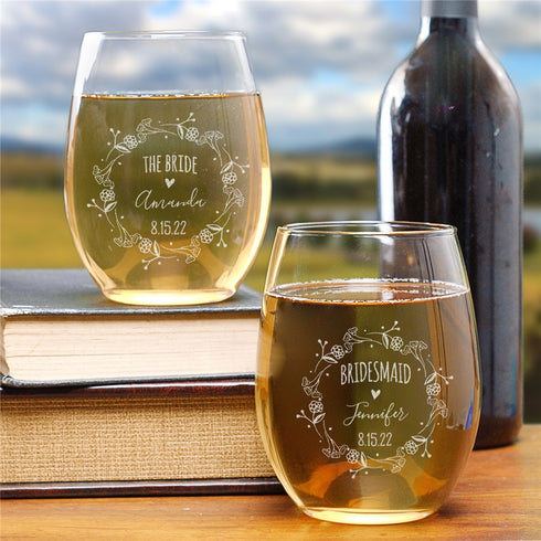 Bridal Party Floral Wreath Stemless Wine Glass - Sunny Jar Personalized™