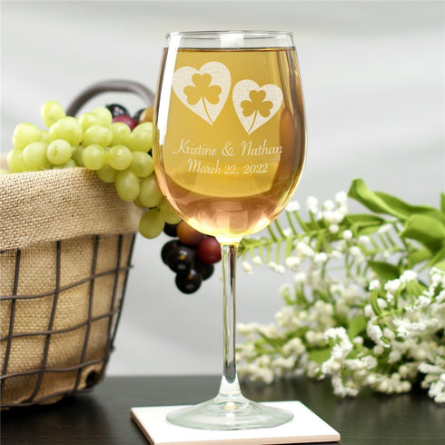 Personalized Shamrock Hearts Wine Glass - Sunny Jar Personalized™