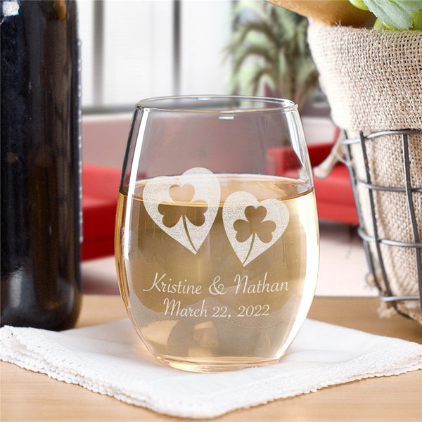 Personalized Shamrock Hearts Stemless Wine Glass - Sunny Jar Personalized™