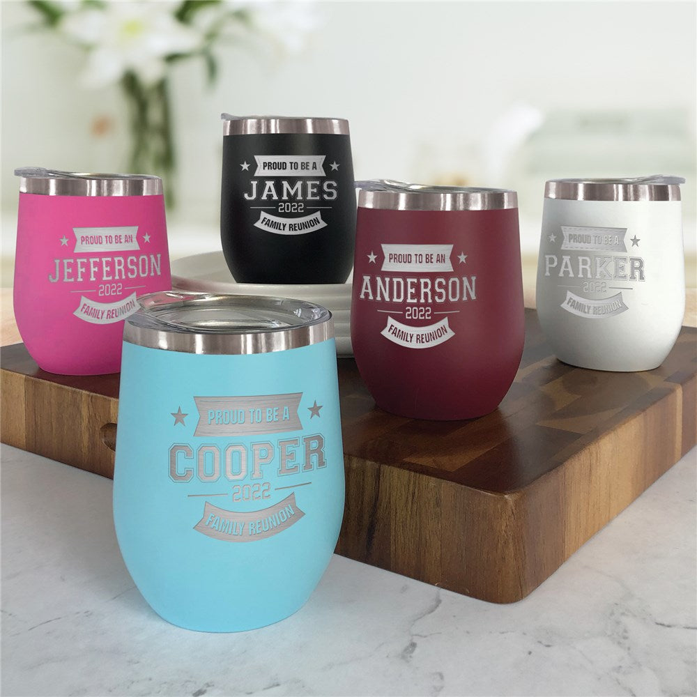 Engraved Family Reunion with Starts and Banners Stemless Wine Tumbler - Sunny Jar Personalized™