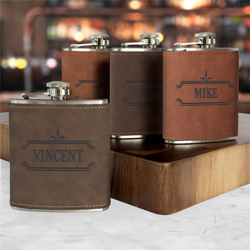 Engraved Ornate Border With Name Leatherette Flask - Sunny Jar Personalized™