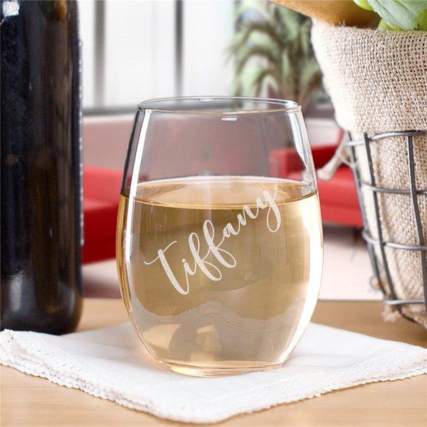 Engraved Script Name Stemless Wine Glass - Sunny Jar Personalized™