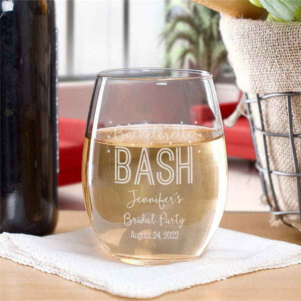 Engraved Bachelorette Bash Stemless Wine Glass - Sunny Jar Personalized™