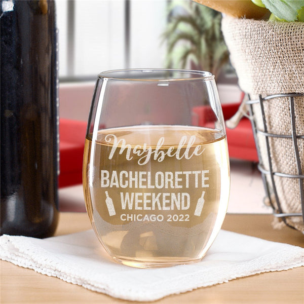 Engraved Bachelorette Weekend Stemless Wine Glass - Sunny Jar Personalized™