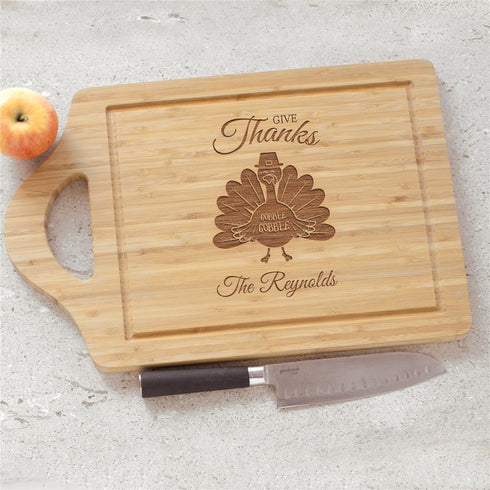 Engraved Give Thanks Turkey With Hat Large Cutting Board - Sunny Jar Personalized™