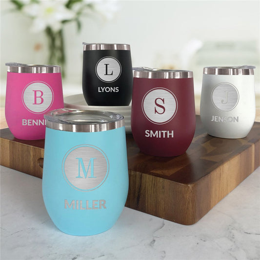 Engraved Initial And Family Name Stemless Wine Tumbler - Sunny Jar Personalized™