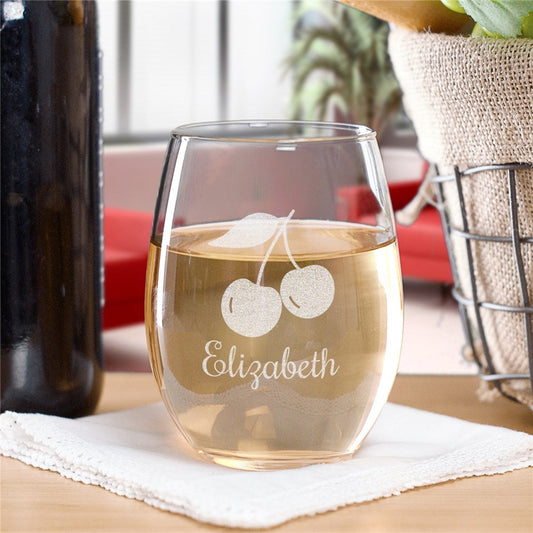 Engraved Cherries Stemless Wine Glass - Sunny Jar Personalized™