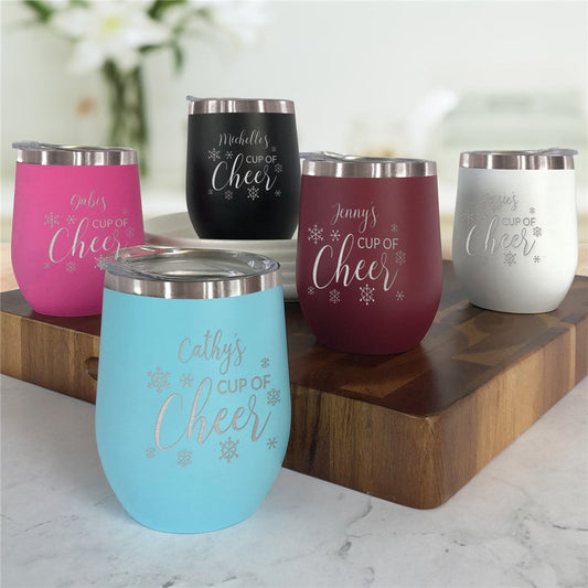 Engraved Cup of Cheer Stemless Wine Tumbler - Sunny Jar Personalized™