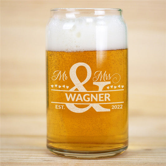 Engraved Mr and Mrs Ampersand Beer Can Glass - Sunny Jar Personalized™