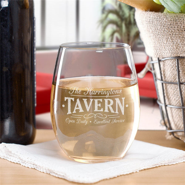 Engraved Chalkboard Farmhouse Tavern Stemless Wine Glass - Sunny Jar Personalized™