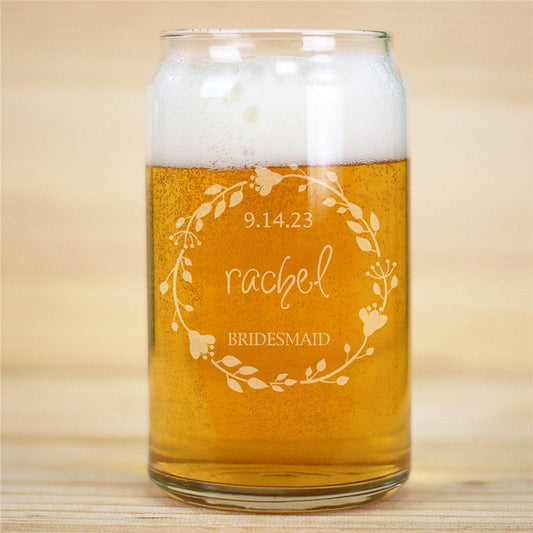 Engraved Floral Wreath Wedding Party Beer Can Glass - Sunny Jar Personalized™