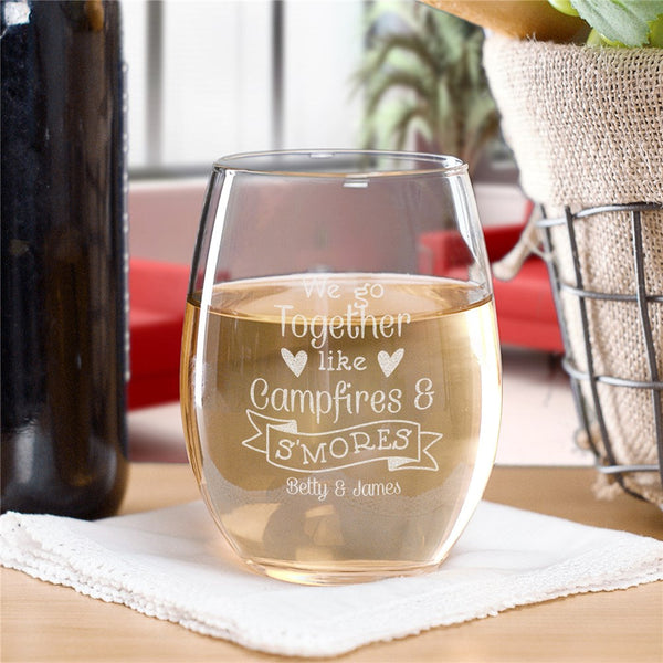 Engraved Campfires & Smores Stemless Wine Glass - Sunny Jar Personalized™