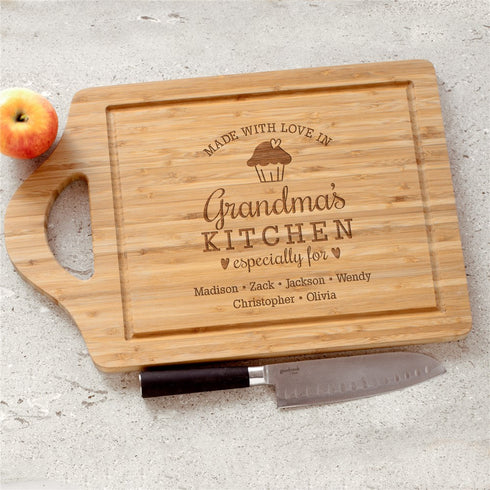 Engraved Made with love in Grandma's Kitchen with cupcake Large Rectangle Bamboo Cutting Board - Sunny Jar Personalized™