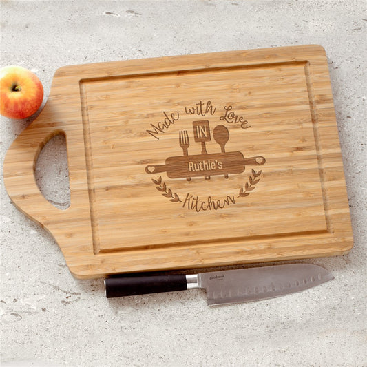 Engraved Made with Love rolling pin and utencils and name Large Rectangle Bamboo Cutting Board - Sunny Jar Personalized™