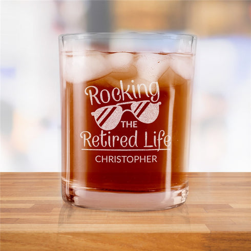 Engraved Rocking The Retired Life with sunglasses Rocks glass - Sunny Jar Personalized™