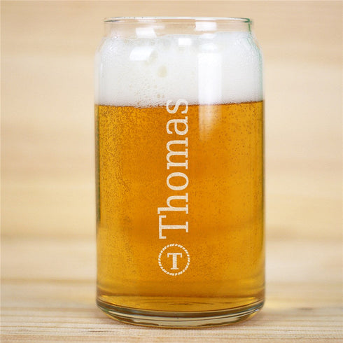 Engraved Circle around Initial Block Beer Can Glass - Sunny Jar Personalized™