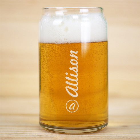 Engraved Circle around Initial Script Beer Can Glass - Sunny Jar Personalized™