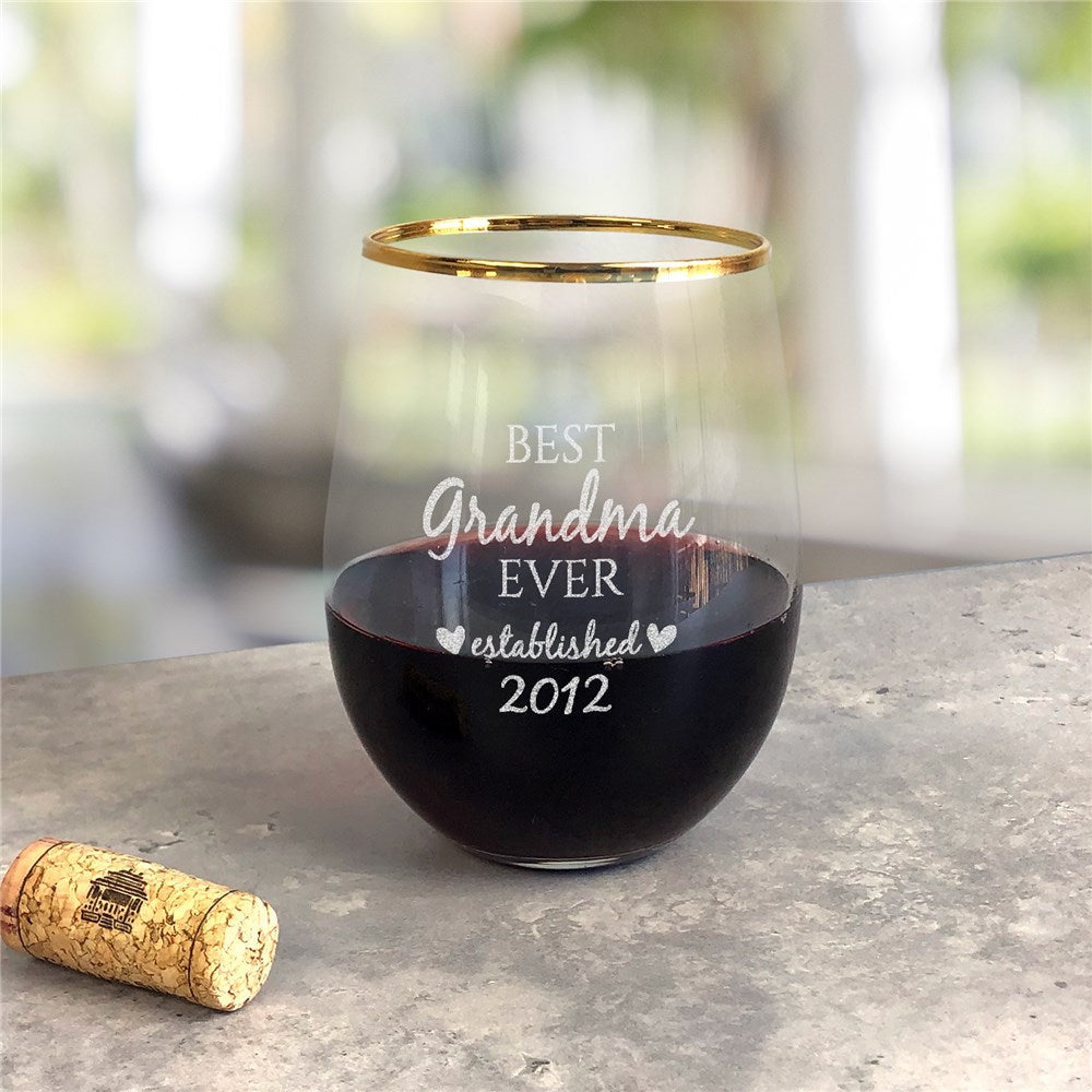 Engraved Best Grandma Ever Gold Rim Stemless Wine Glass - Sunny Jar Personalized™