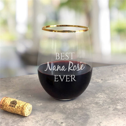 Engraved Best Ever Gold Rim Stemless Wine Glass - Sunny Jar Personalized™