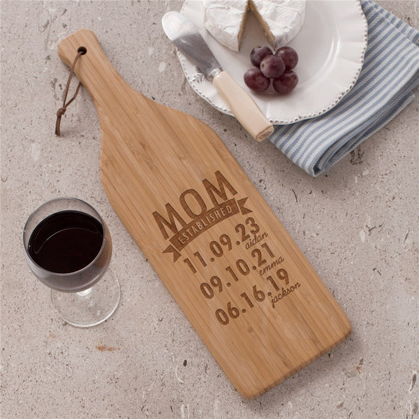 Engraved Mom Established Wine Bottle Cutting Board - Sunny Jar Personalized™