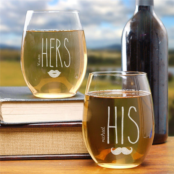 Engraved His & Hers Stemless Wine Glasses Set - Sunny Jar Personalized™